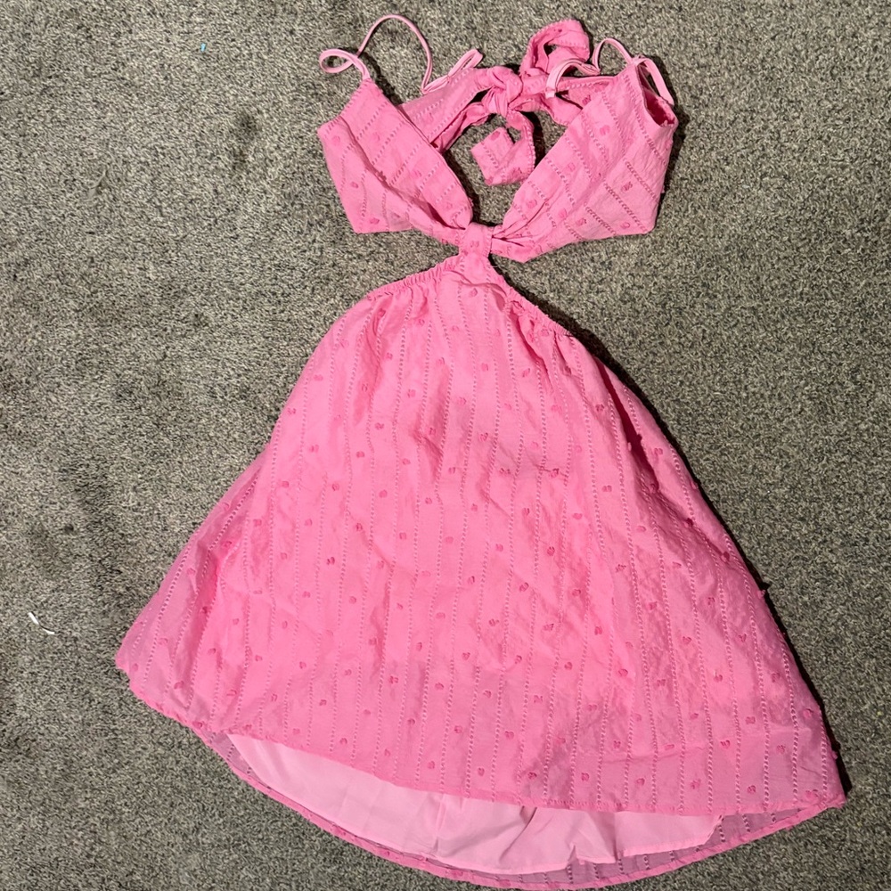 Women’s vacation solid pink color textured, backless bow mini dress